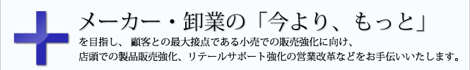 メーカー・卸業の「今より、もっと」を目指し、 顧客との最大接点である小売での販売強化に向け、店頭での製品販売強化、リテールサポート強化の営業改革などをお手伝いいたします。